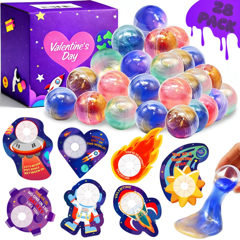 Camirus Galaxy Slime Balls & Space Valentines Cards – 28-Piece Classroom Favors