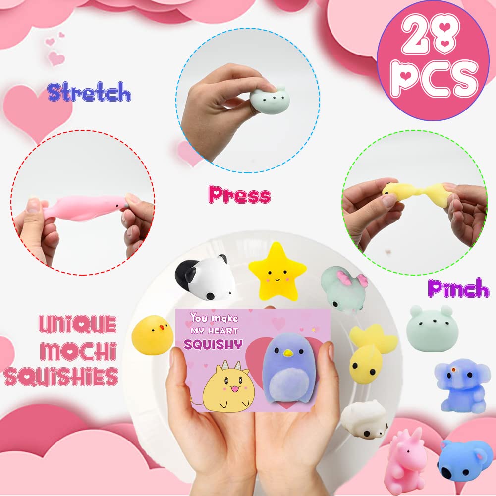 CAMIRUS 28 Pcs Valentines Day Cards with Mochi Squishies – Cute Kawaii Animal Toys for Gift Exchange
