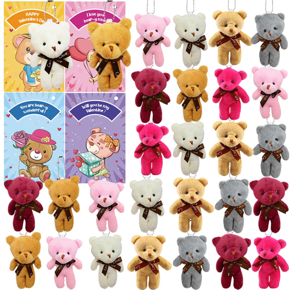CAMIRUS 28PCS Valentine's Day Plush Bear Keychains – Mini Bear Cards for Kids & Classroom Rewards