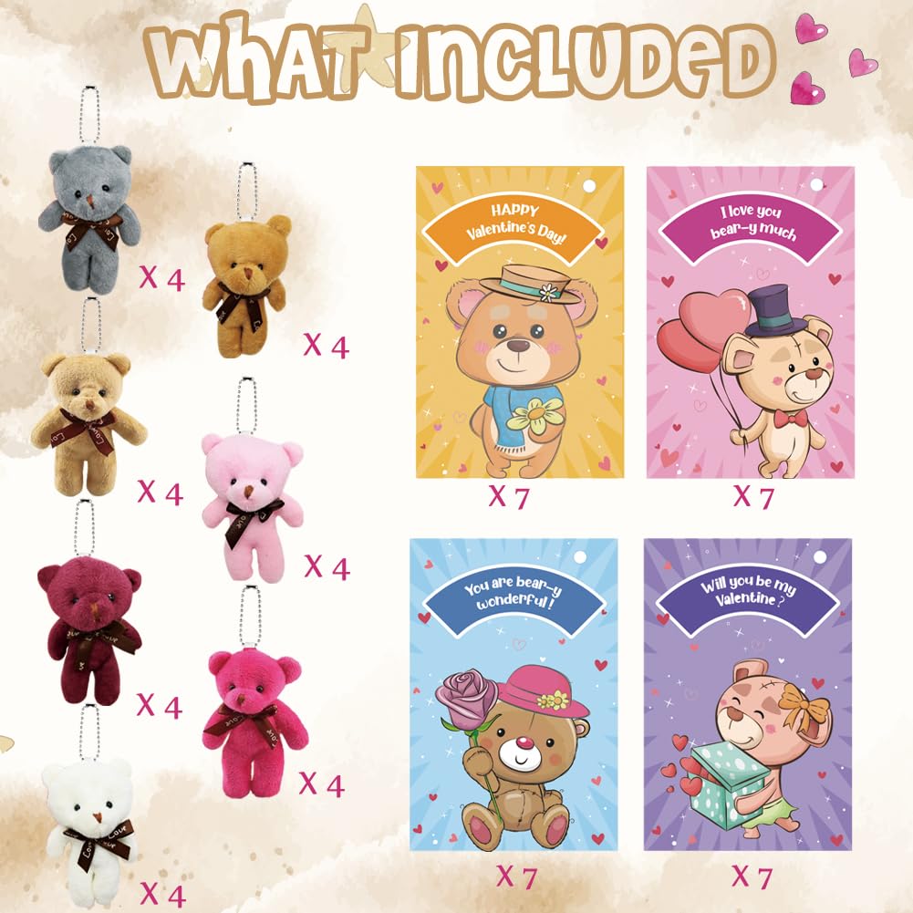 CAMIRUS 28PCS Valentine's Day Plush Bear Keychains – Mini Bear Cards for Kids & Classroom Rewards