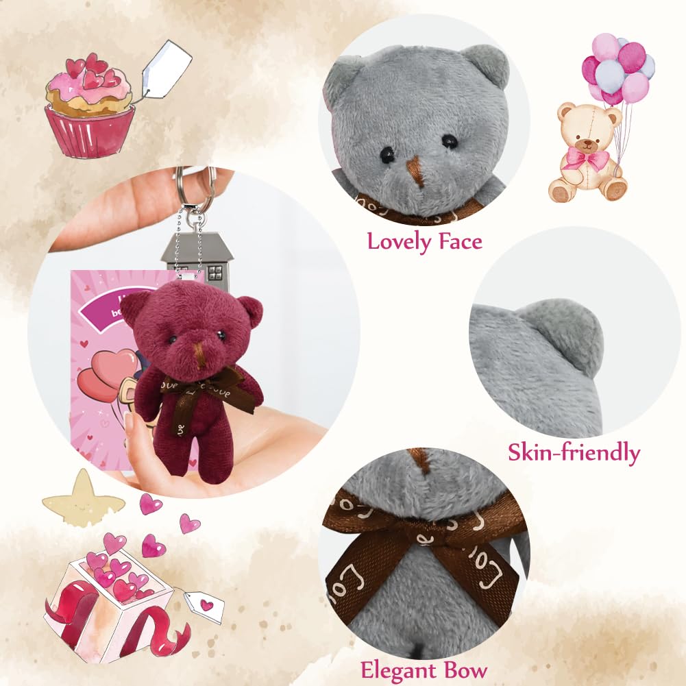 CAMIRUS 28PCS Valentine's Day Plush Bear Keychains – Mini Bear Cards for Kids & Classroom Rewards