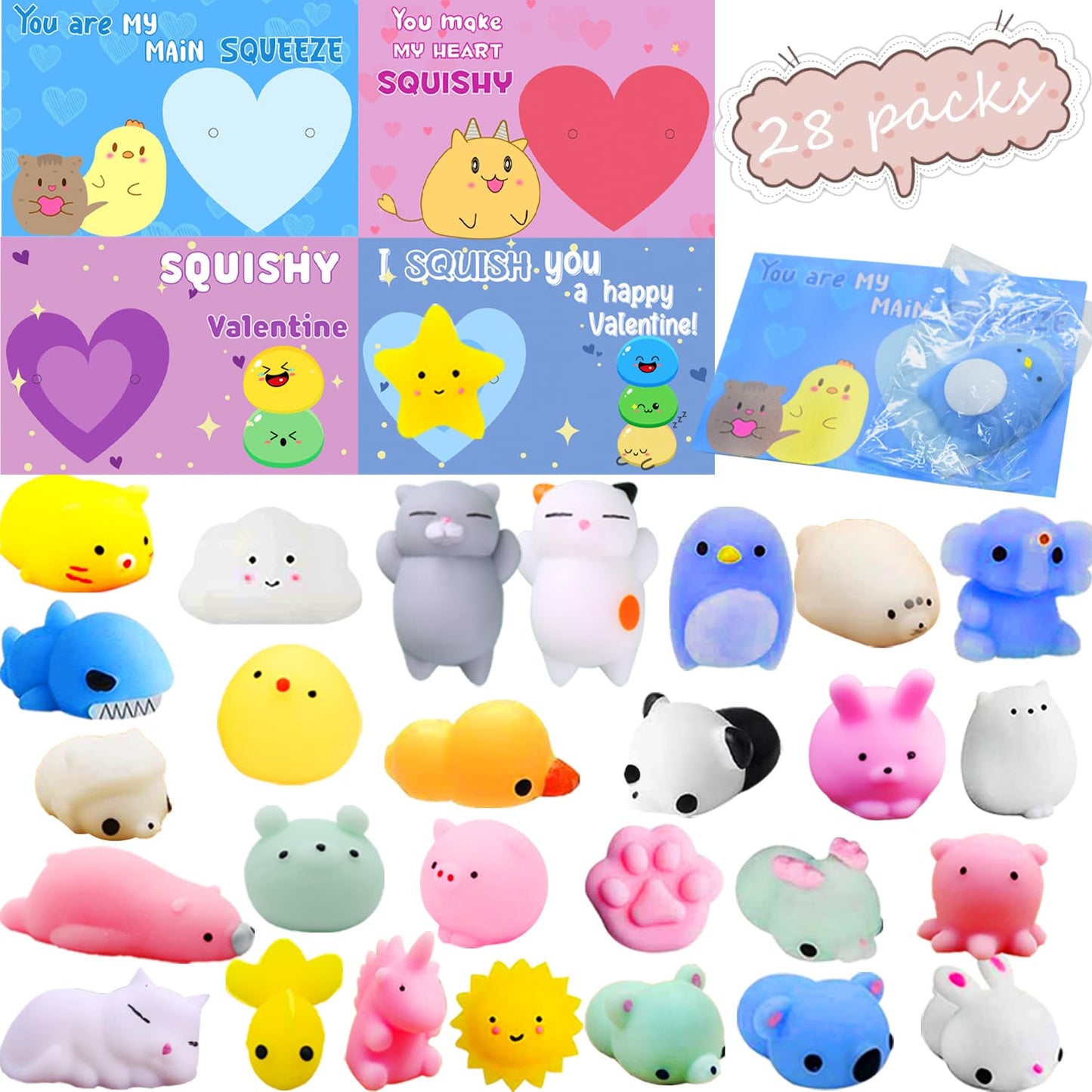 CAMIRUS 28 Pcs Valentines Day Cards with Mochi Squishies – Cute Kawaii Animal Toys for Gift Exchange