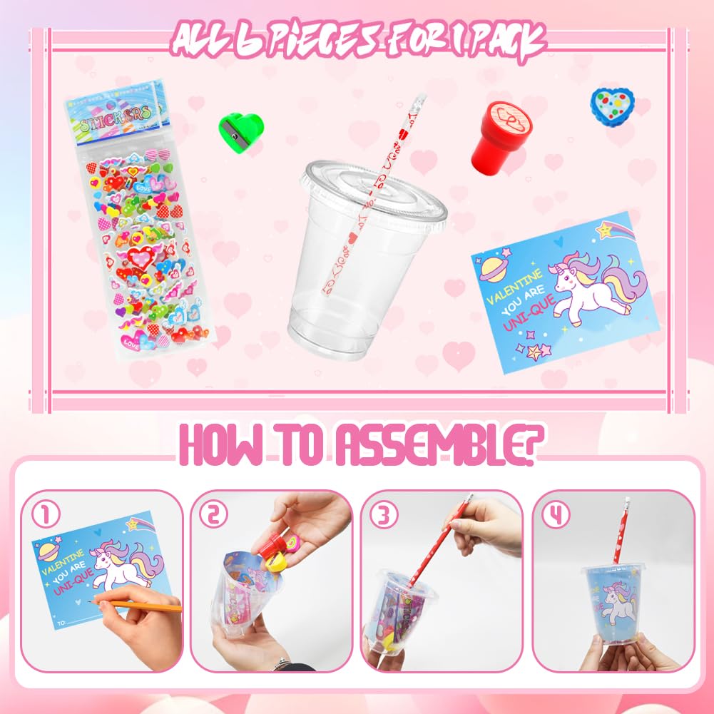 CAMIRUS Valentines Day Stationery Set for Kids — 24-Pack Classroom Gift with Cards, Cups, Pencils, Erasers, Stamps, and More