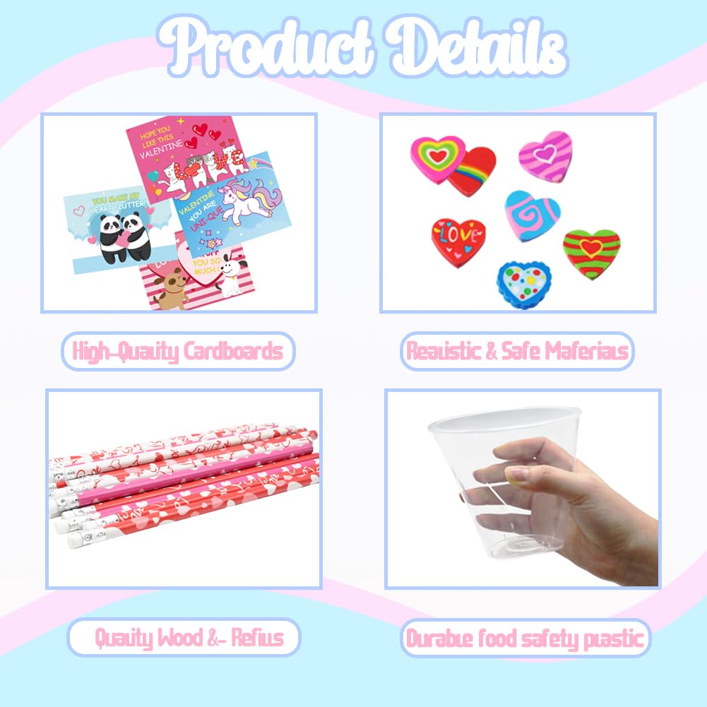CAMIRUS Valentines Day Stationery Set for Kids — 24-Pack Classroom Gift with Cards, Cups, Pencils, Erasers, Stamps, and More