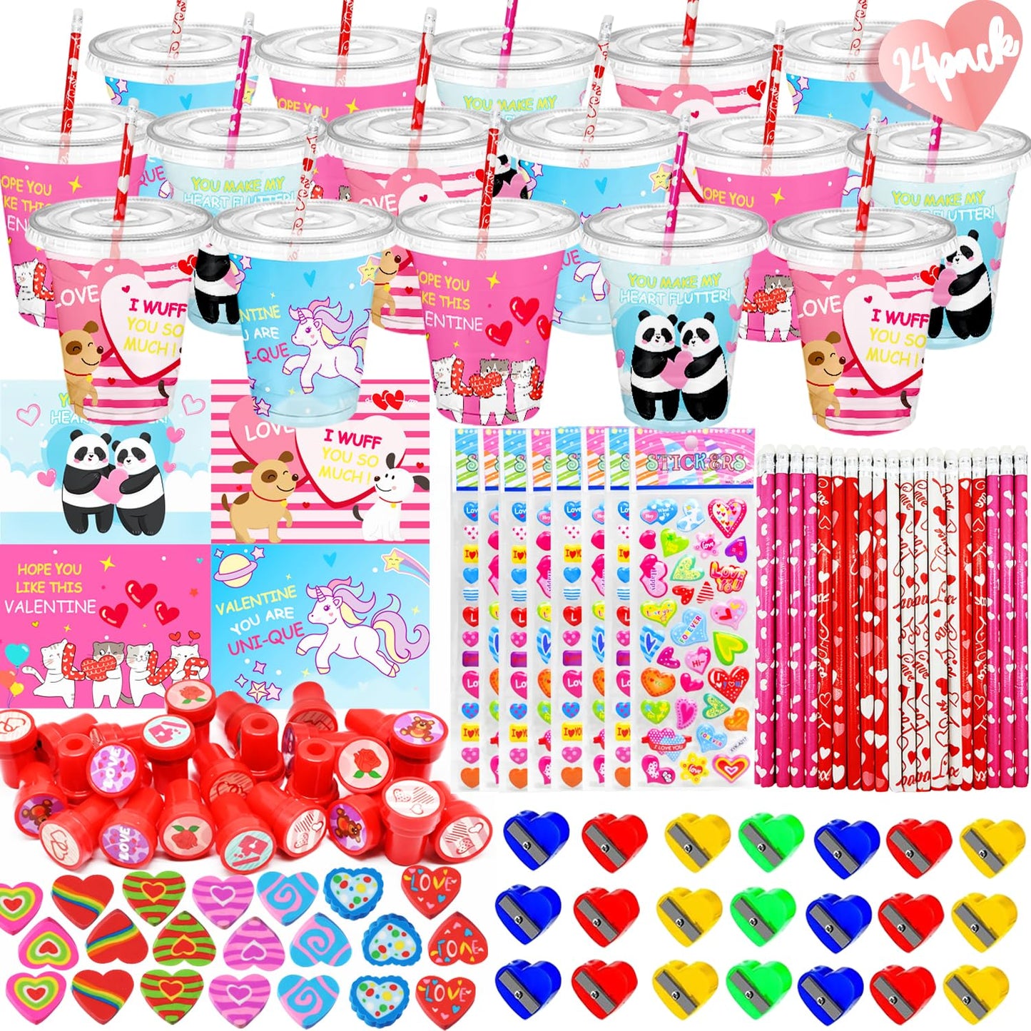 CAMIRUS Valentines Day Stationery Set for Kids — 24-Pack Classroom Gift with Cards, Cups, Pencils, Erasers, Stamps, and More