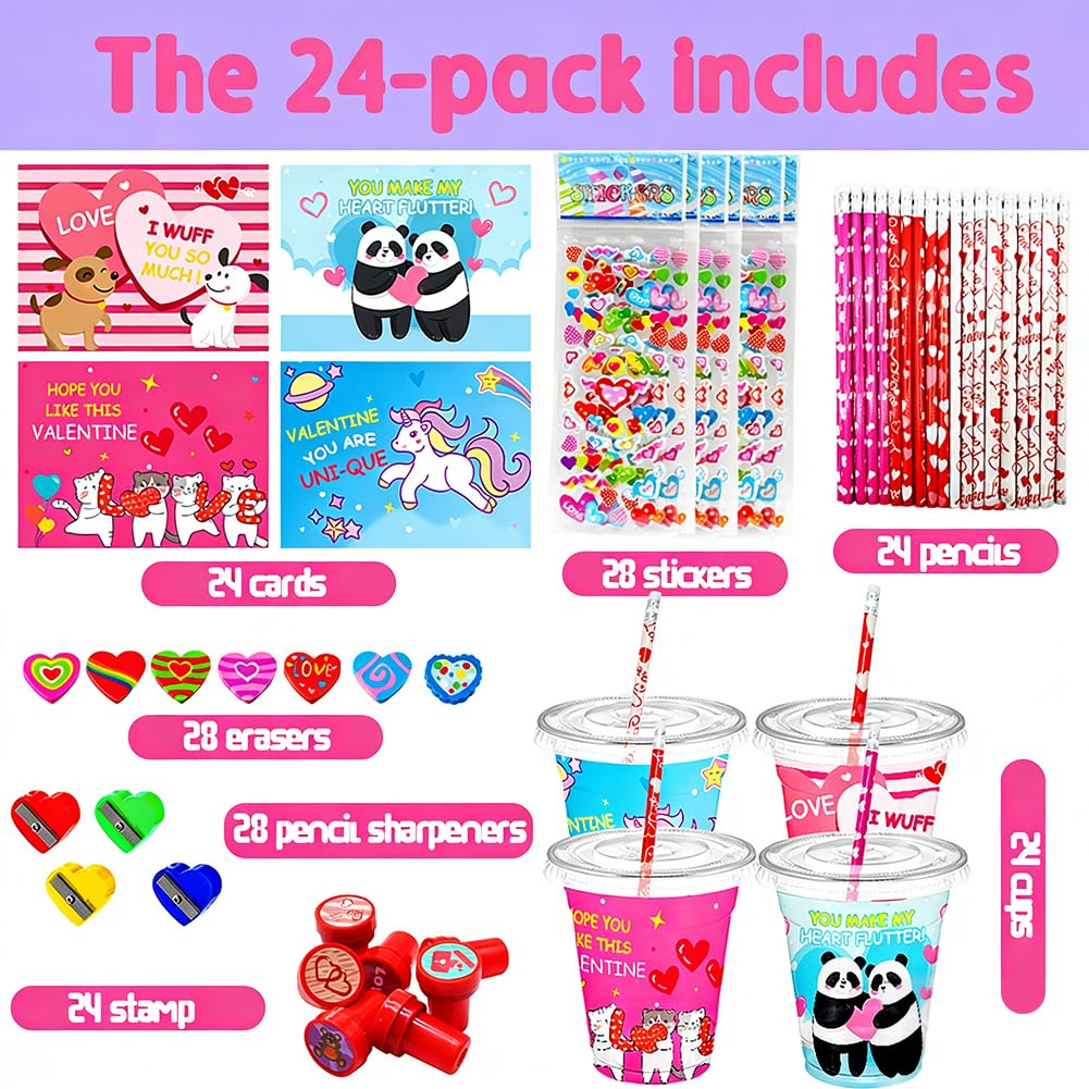 CAMIRUS Valentines Day Stationery Set for Kids — 24-Pack Classroom Gift with Cards, Cups, Pencils, Erasers, Stamps, and More