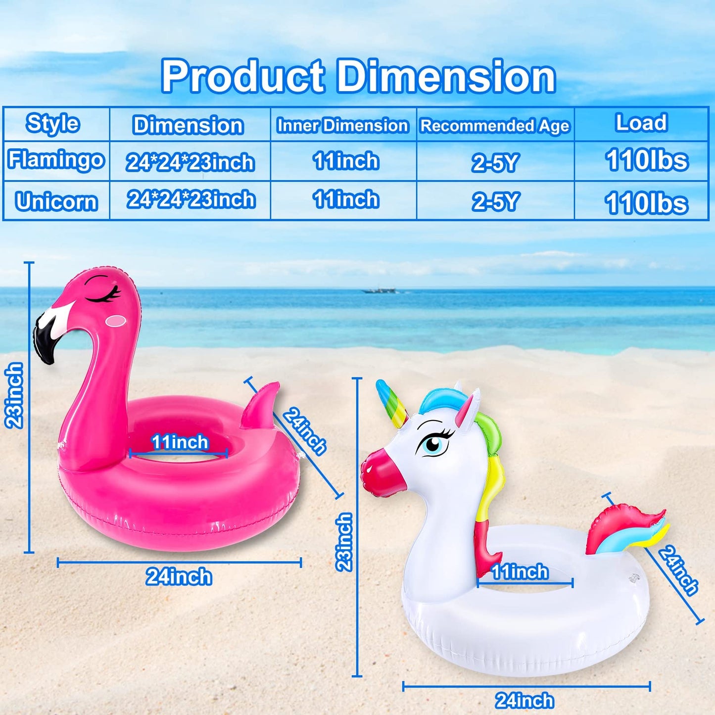 Camlinbo 2 Pack Kids Pool Floats — Unicorn & Flamingo Swim Rings