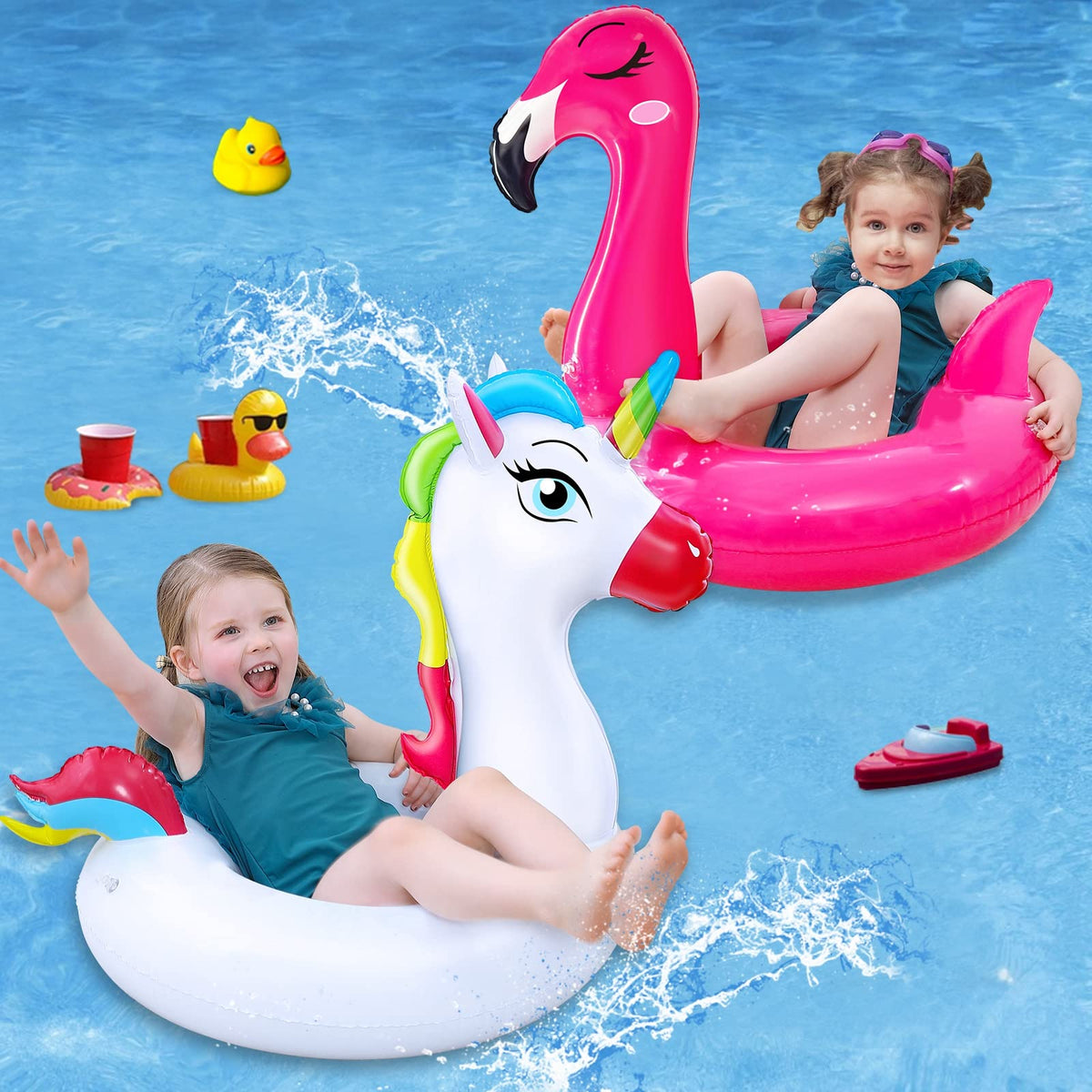 Camlinbo 2 Pack Kids Pool Floats — Unicorn & Flamingo Swim Rings