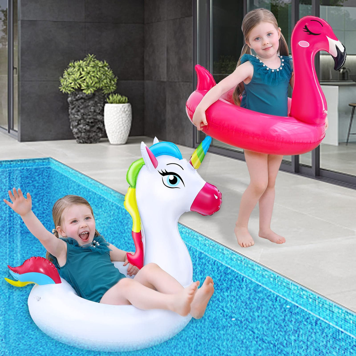 Camlinbo 2 Pack Kids Pool Floats — Unicorn & Flamingo Swim Rings