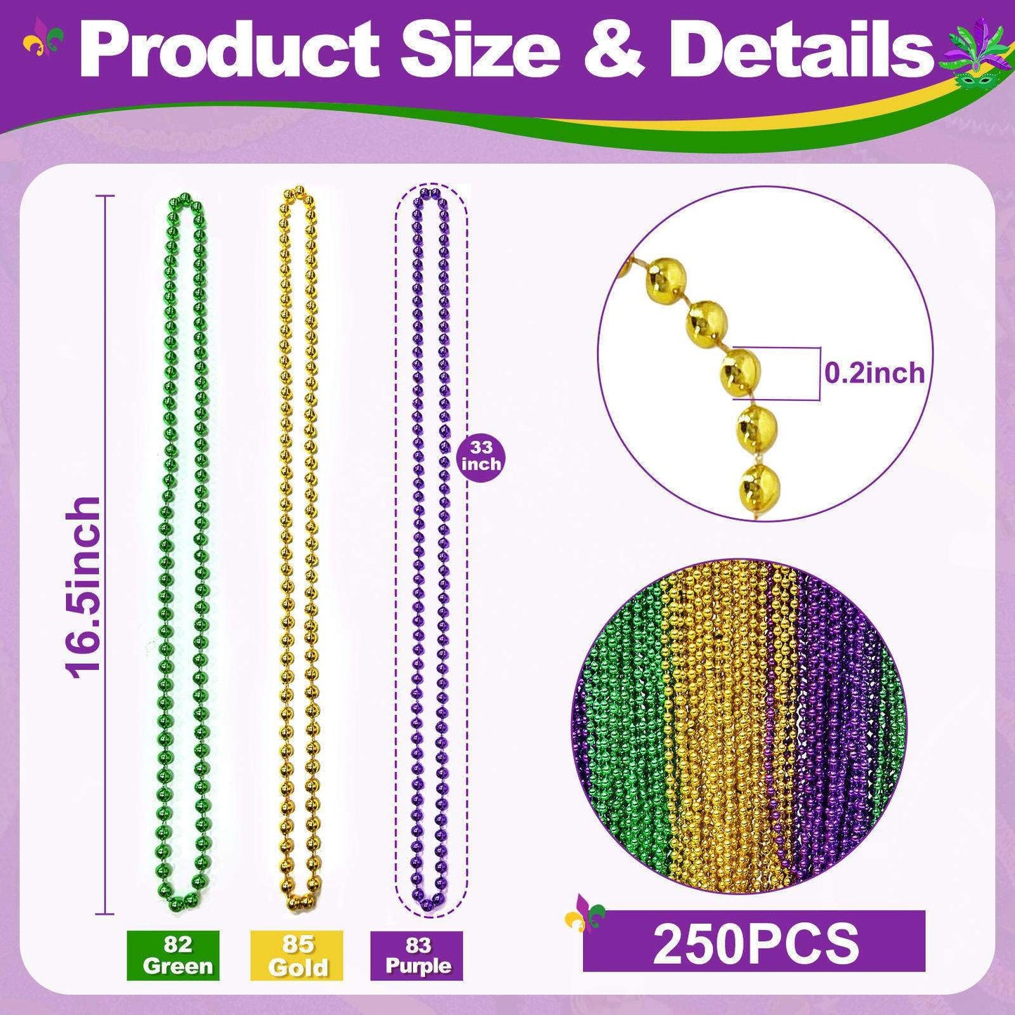 Camlinbo Mardi Gras Beads 250 Pcs - 33-Inch Green Gold Purple Necklaces