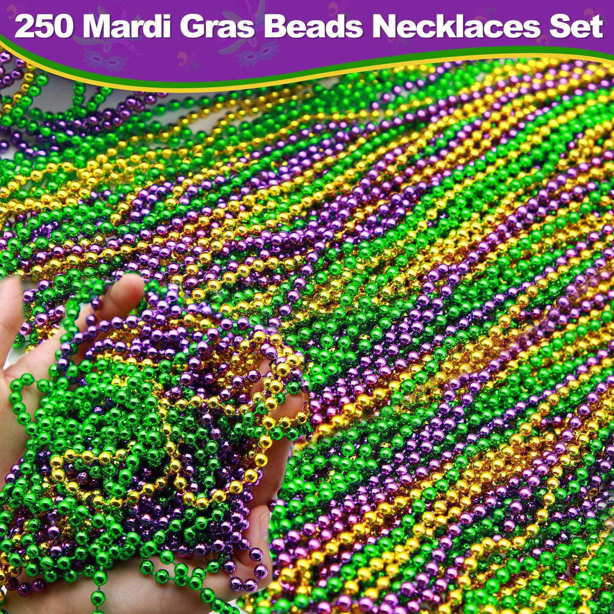 Camlinbo Mardi Gras Beads 250 Pcs - 33-Inch Green Gold Purple Necklaces