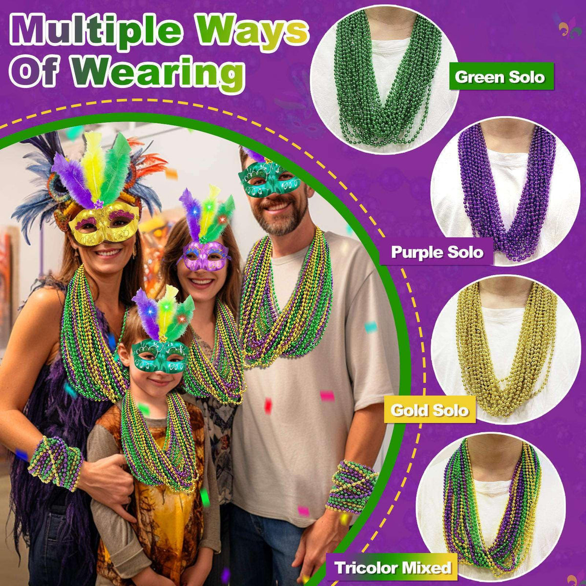 Camlinbo Mardi Gras Beads 250 Pcs - 33-Inch Green Gold Purple Necklaces