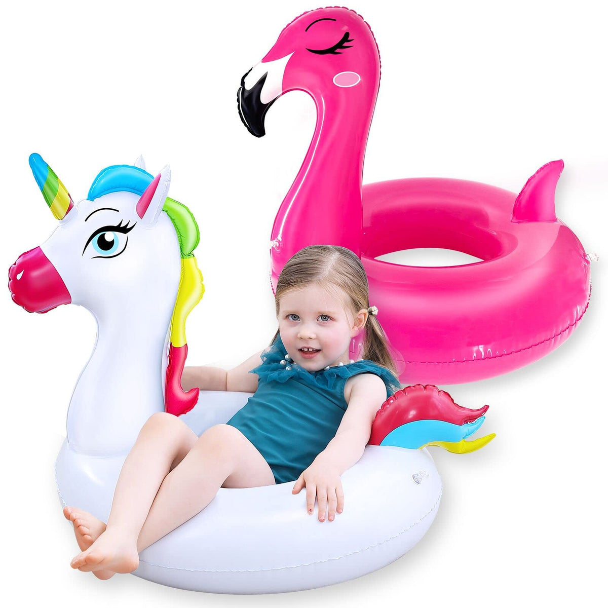 Camlinbo 2 Pack Kids Pool Floats — Unicorn & Flamingo Swim Rings