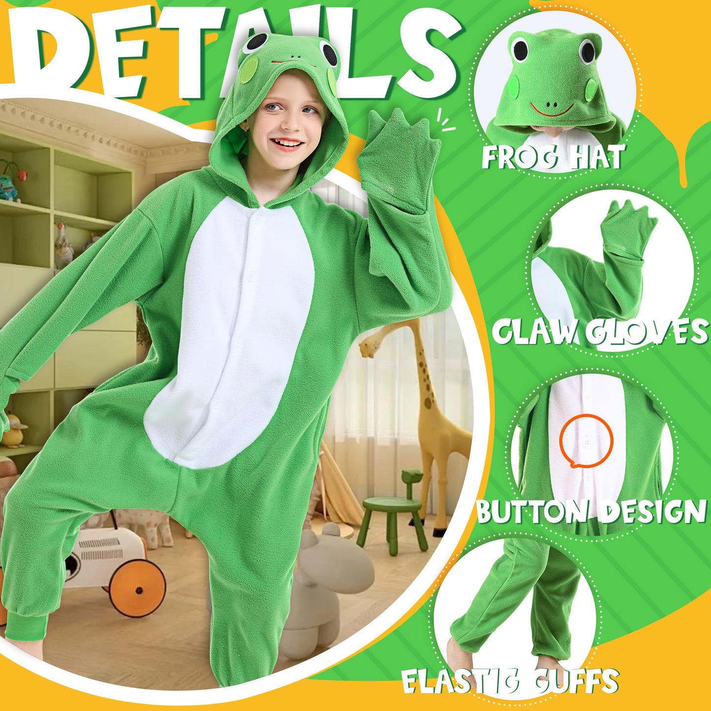 CANASOUR Frog Green Animal Onesie for Kids 4-12 | Cozy Unisex Costume (5T)