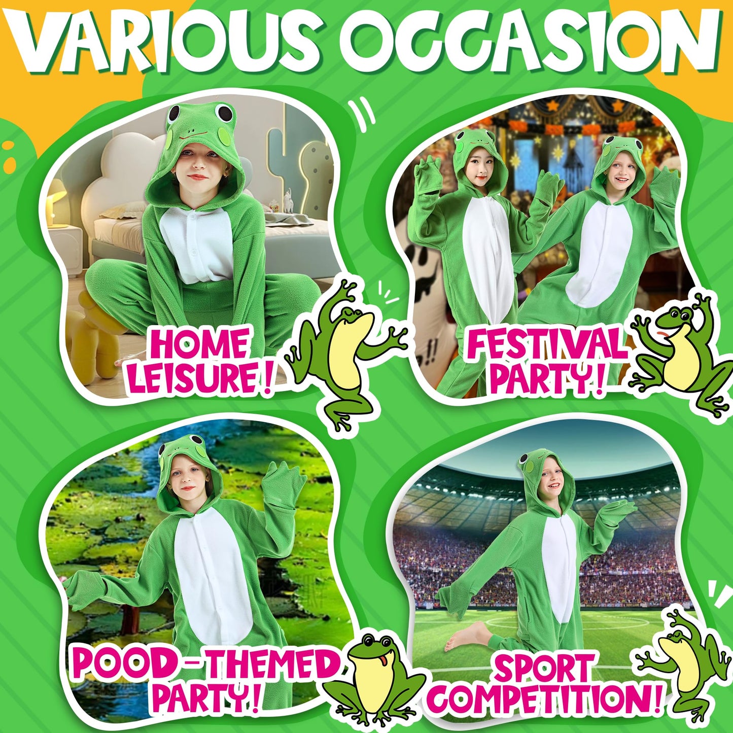 CANASOUR Frog Green Animal Onesie for Kids 4-12 | Cozy Unisex Costume (5T)