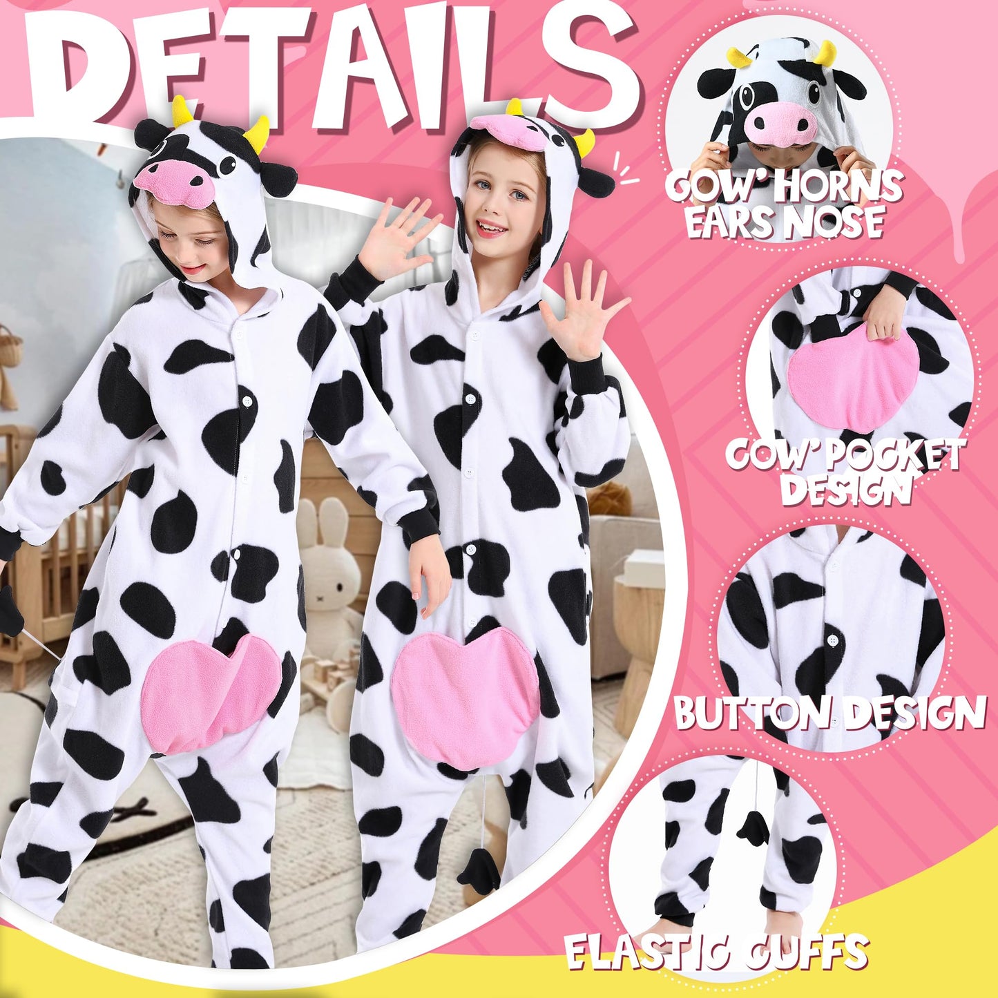 CANASOUR Cow Onesie Kids Costume — Cozy Polyester Cow Pajamas for 4–12 Years