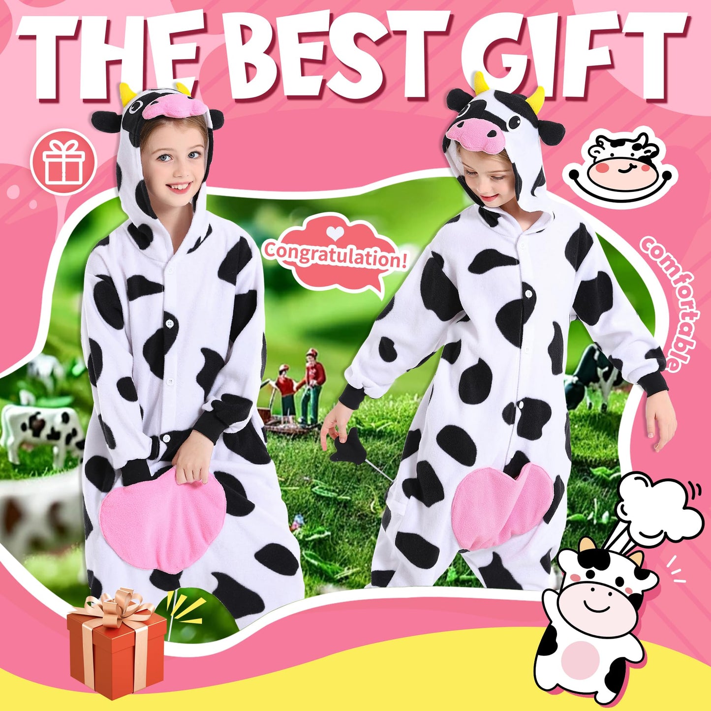 CANASOUR Cow Onesie Kids Costume — Cozy Polyester Cow Pajamas for 4–12 Years