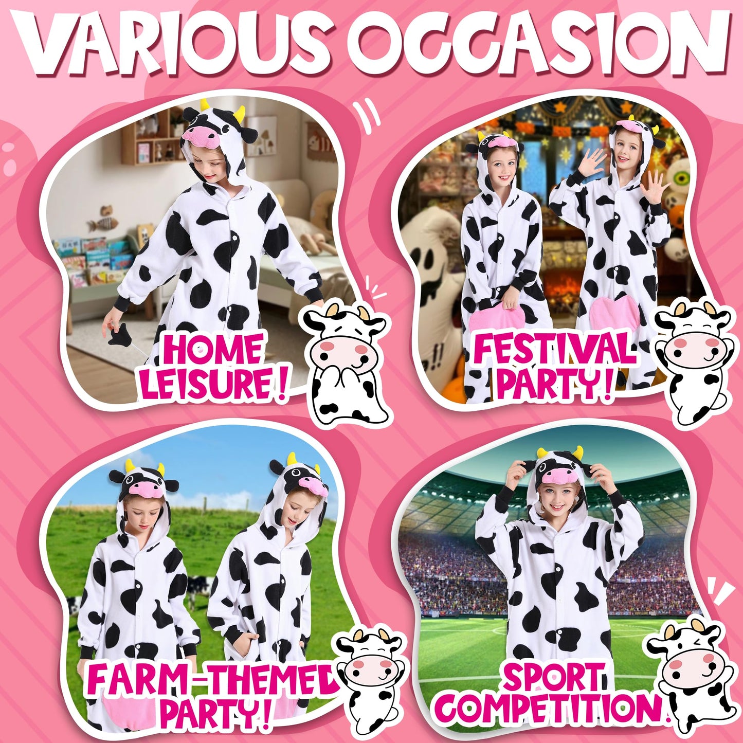 CANASOUR Cow Onesie Kids Costume — Cozy Polyester Cow Pajamas for 4–12 Years