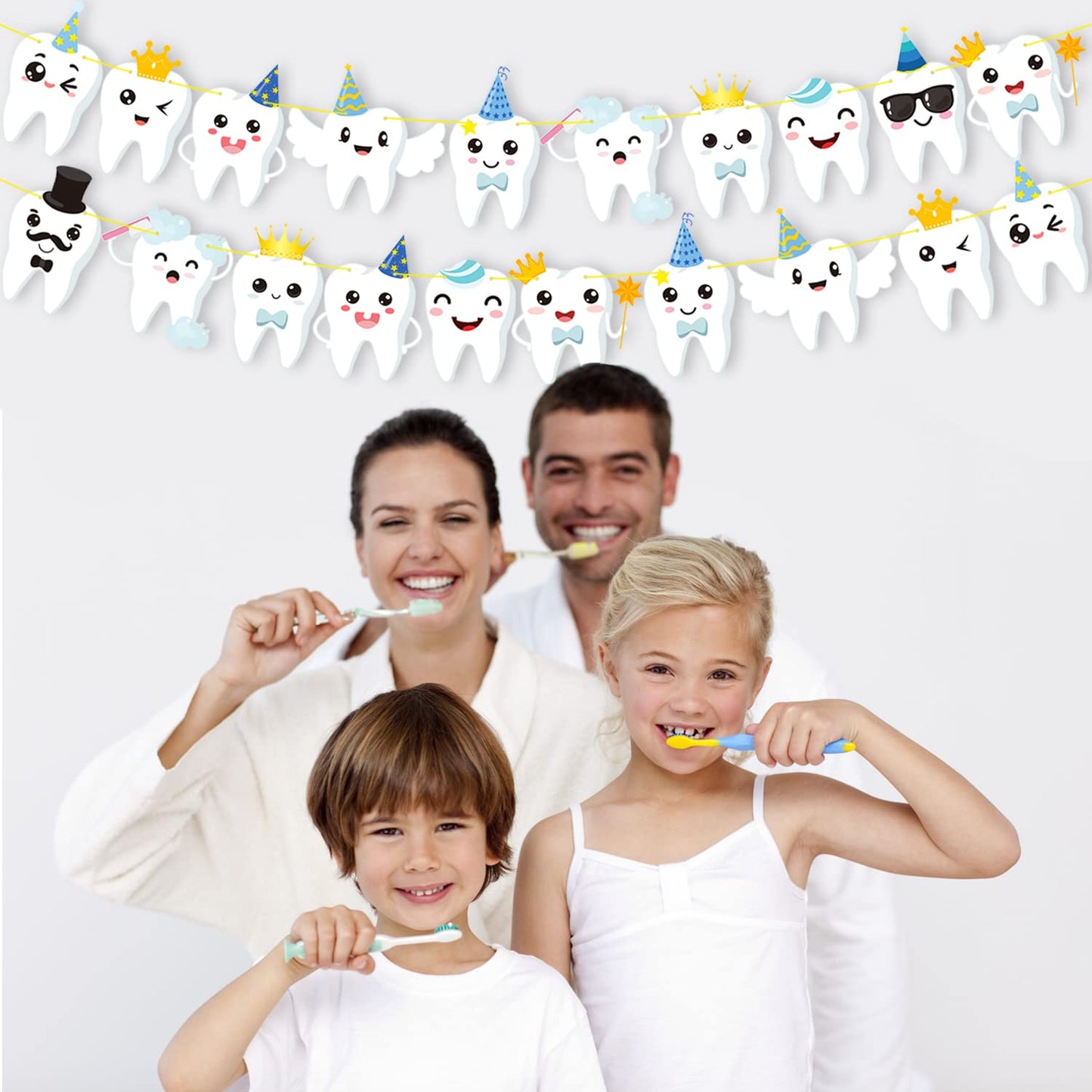 Candy Chef Tooth Party Banner – 2-Piece Teeth Cutout Decor for First Tooth Party, Dental Birthday & Baby Shower