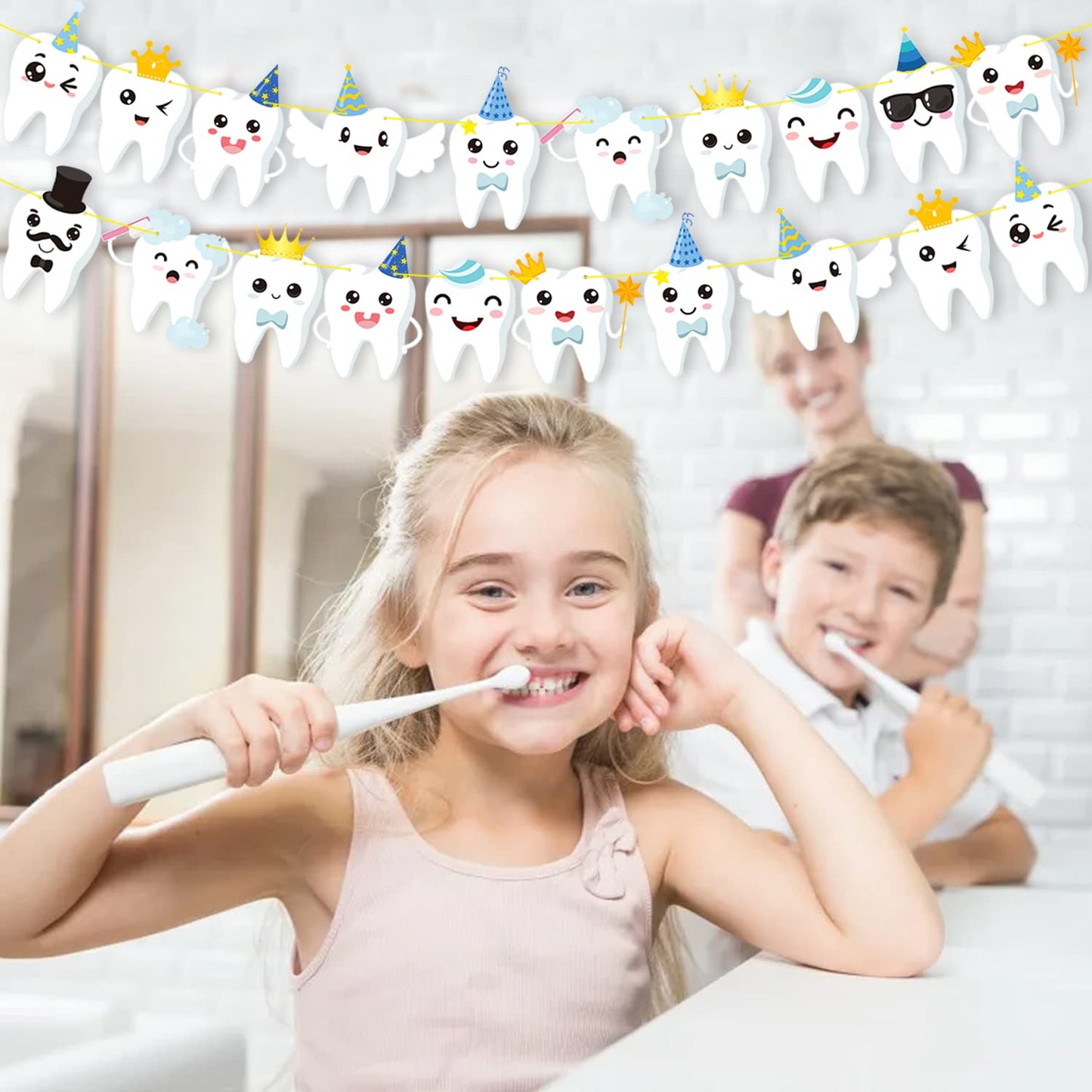Candy Chef Tooth Party Banner – 2-Piece Teeth Cutout Decor for First Tooth Party, Dental Birthday & Baby Shower
