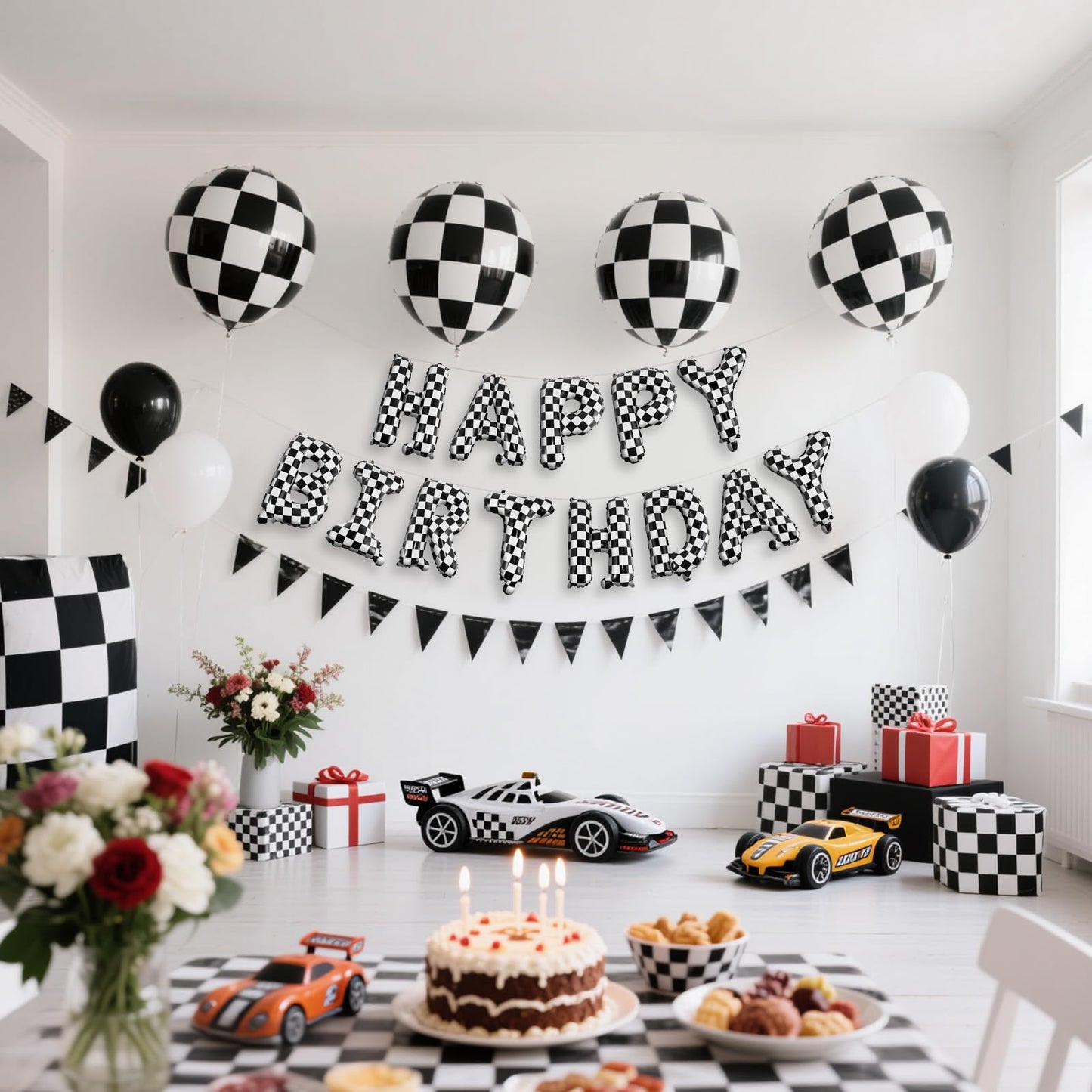 CANREVEL Happy Birthday Banner 13pc 16in Mylar Foil Letters — Racing Car Checkered Party Decor