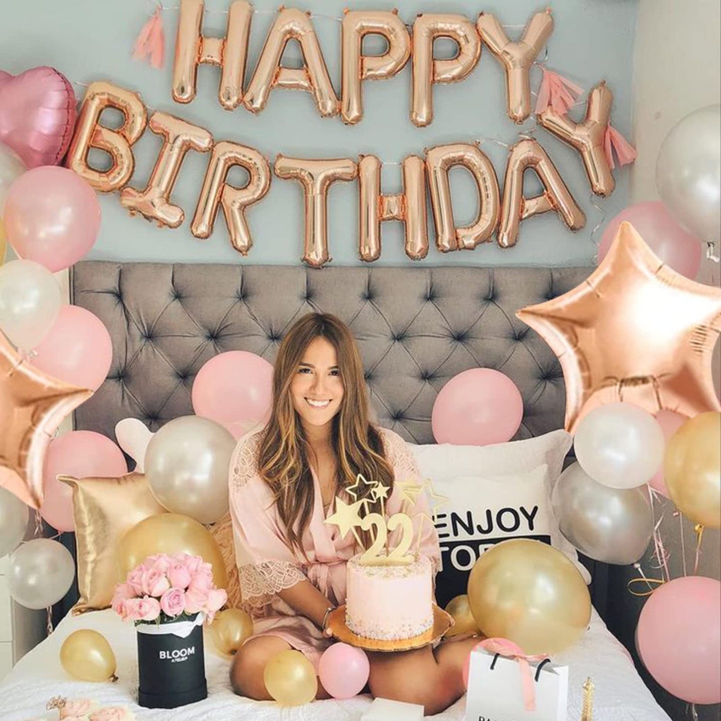 CANREVEL Happy Birthday Banner 13pc 16in Rose Gold Mylar Letters - Party Decor
