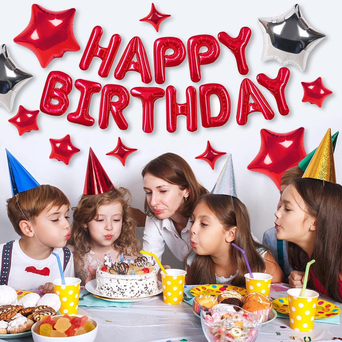 CANREVEL Happy Birthday Banner 16in Letters + 12 Red Star Balloons – 3D Red Party Decorations