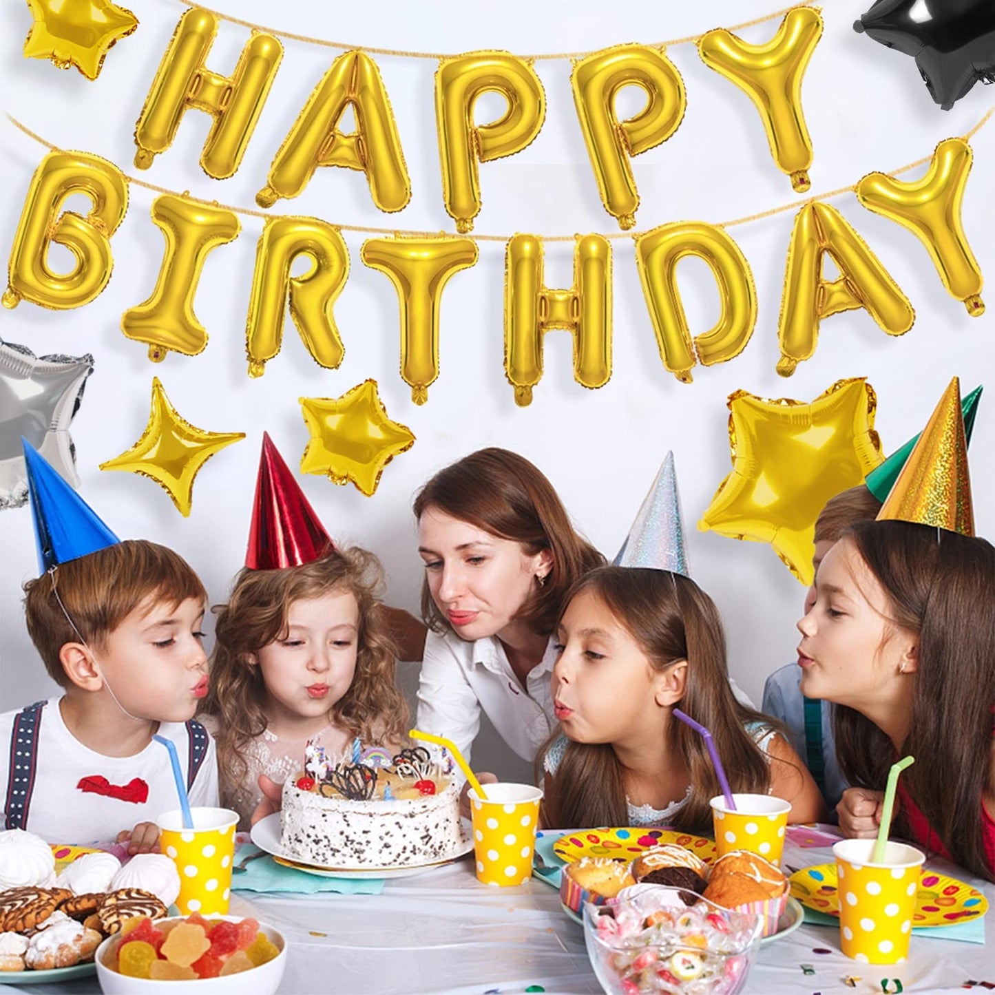 CANREVEL Happy Birthday Banner 13pc 16in Letters + 12 Gold Star Balloons – 3D Gold Party Decor