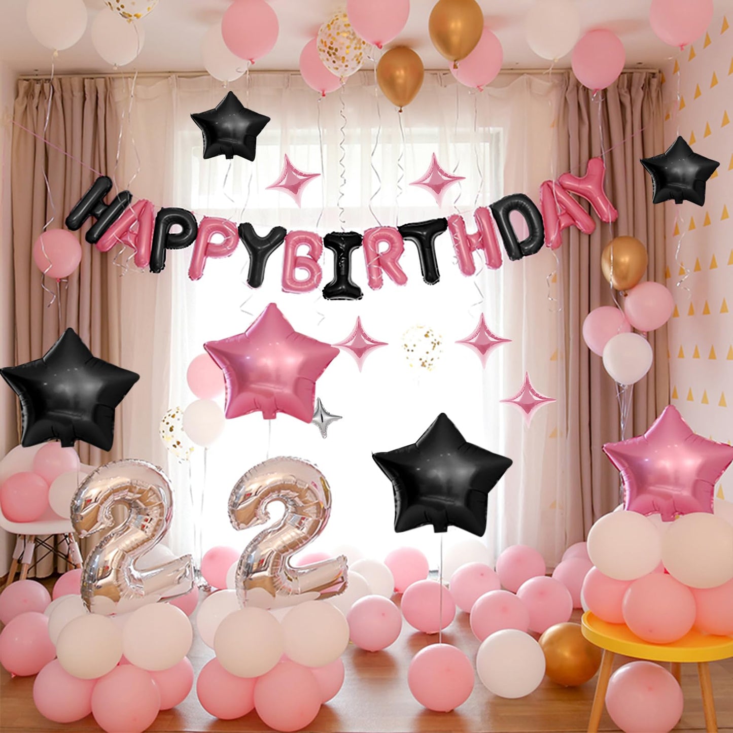 CANREVEL Happy Birthday Banner 16in - 13-Letter Set + 12 Star Balloons, Black & Pink 3D Party Decor