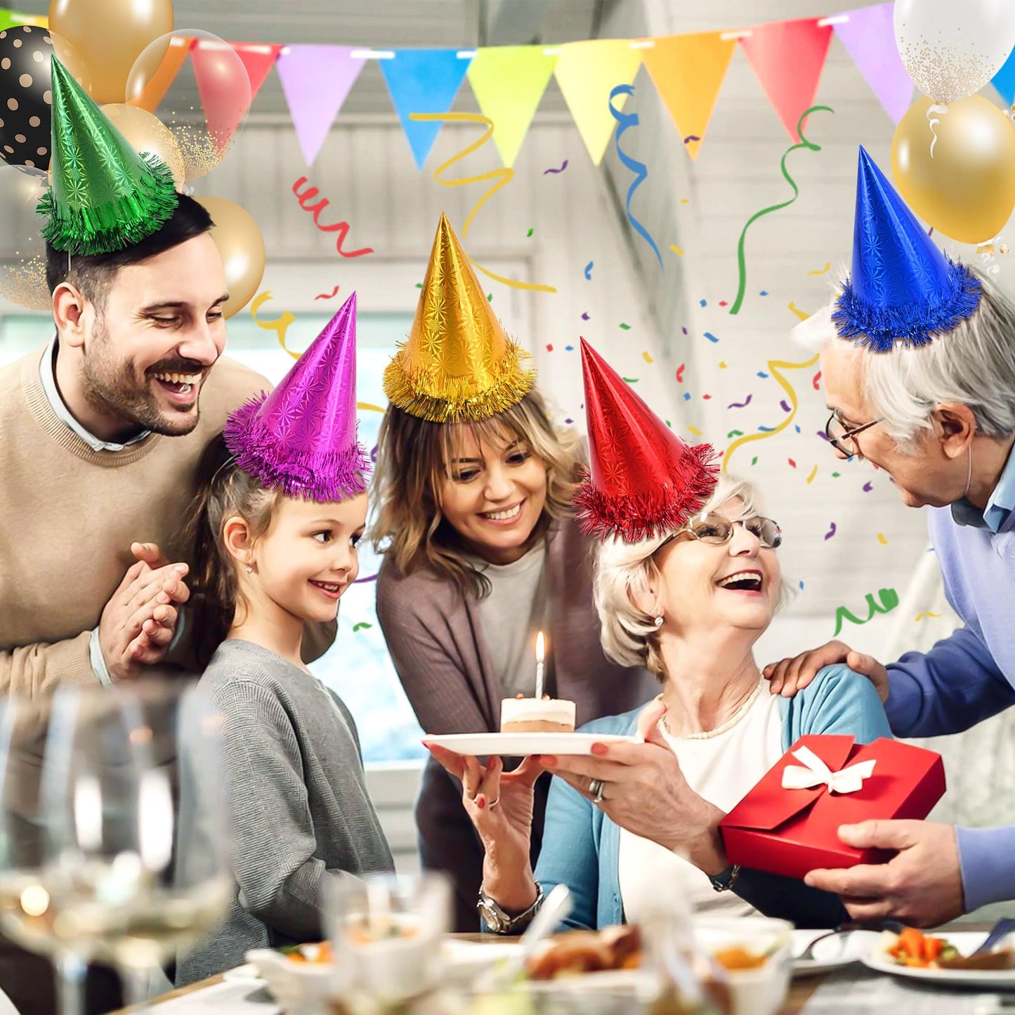 CANREVEL 12-Piece Holographic Party Hats for Adults – Cone Hats with Tinsel for Birthday Celebrations