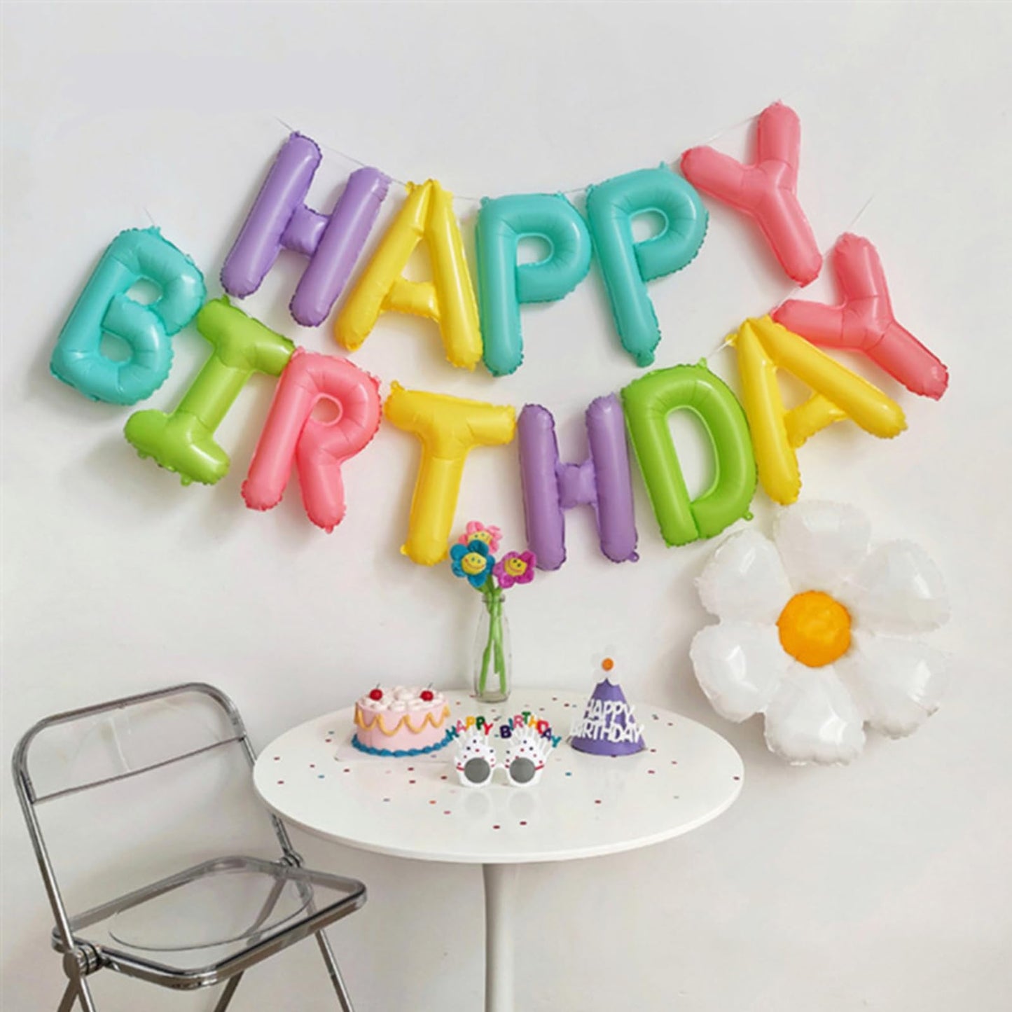 CANREVEL Happy Birthday Banner 13pc – 16in 3D Macaron Foil Letters + 5 Flower Balloons