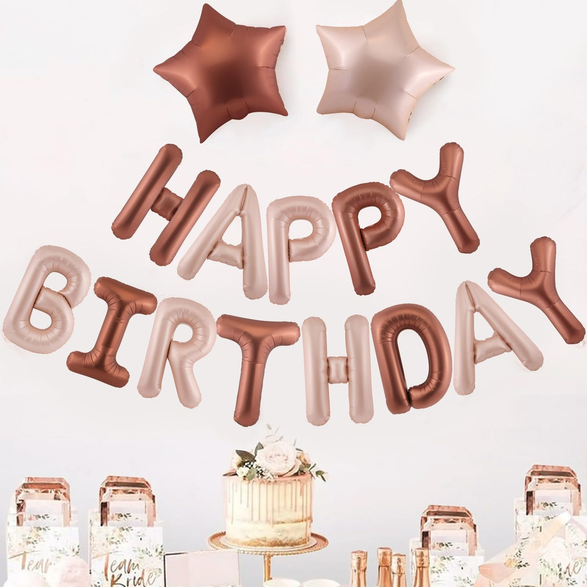 CANREVEL Happy Birthday Banner 16inch Letters with Star Balloons – Caramel Birthday Party Decor Kit
