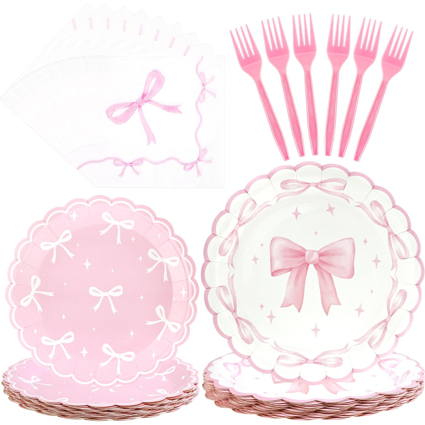 CANREVEL 96 PCS Bow Party Plates Set — Serves 24 with Bow Plates, Napkins & Forks