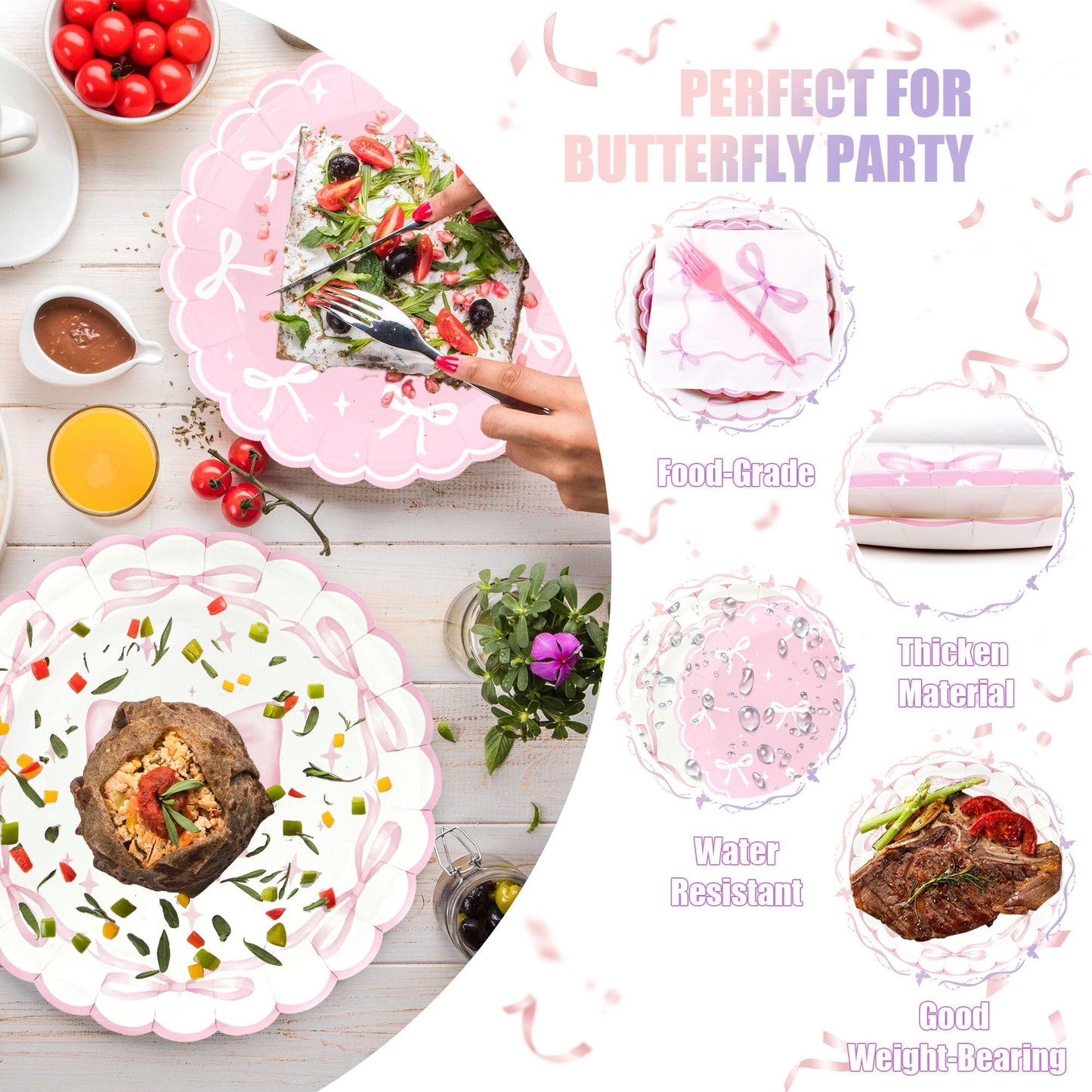 CANREVEL 96 PCS Bow Party Plates Set — Serves 24 with Bow Plates, Napkins & Forks