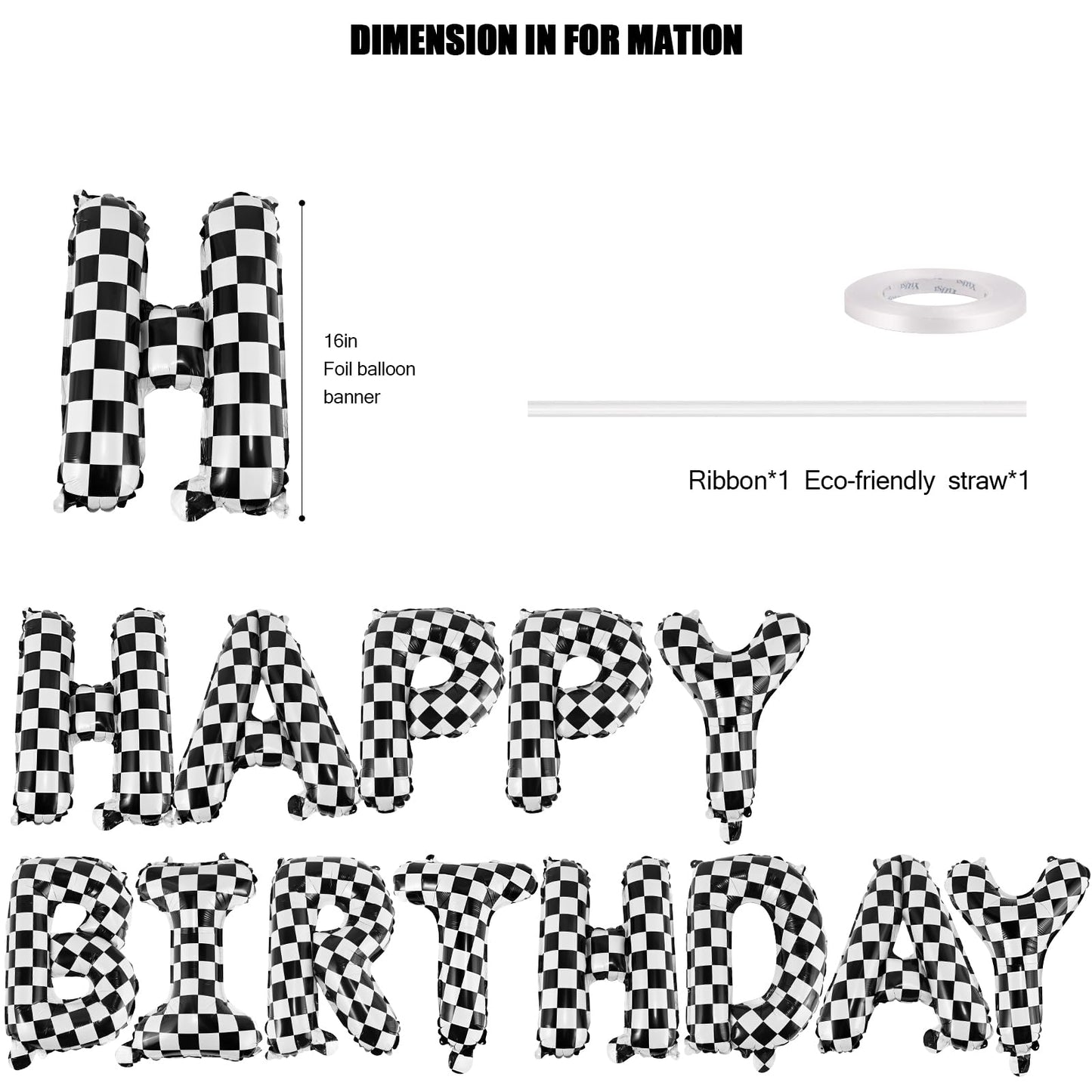 CANREVEL Happy Birthday Banner 13pc 16in Mylar Foil Letters — Racing Car Checkered Party Decor