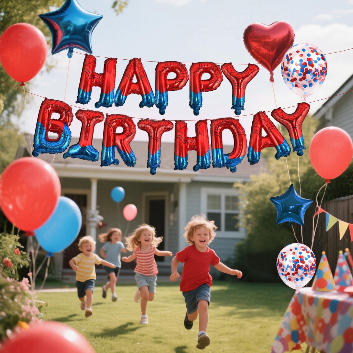 CANREVEL Happy Birthday Banner 13pc - 16-Inch Mylar Letters | Spider Theme Party Decor