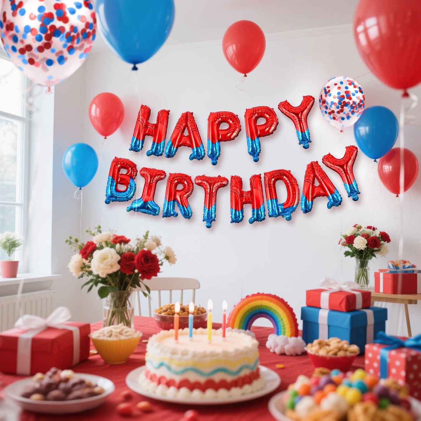 CANREVEL Happy Birthday Banner 13pc - 16-Inch Mylar Letters | Spider Theme Party Decor