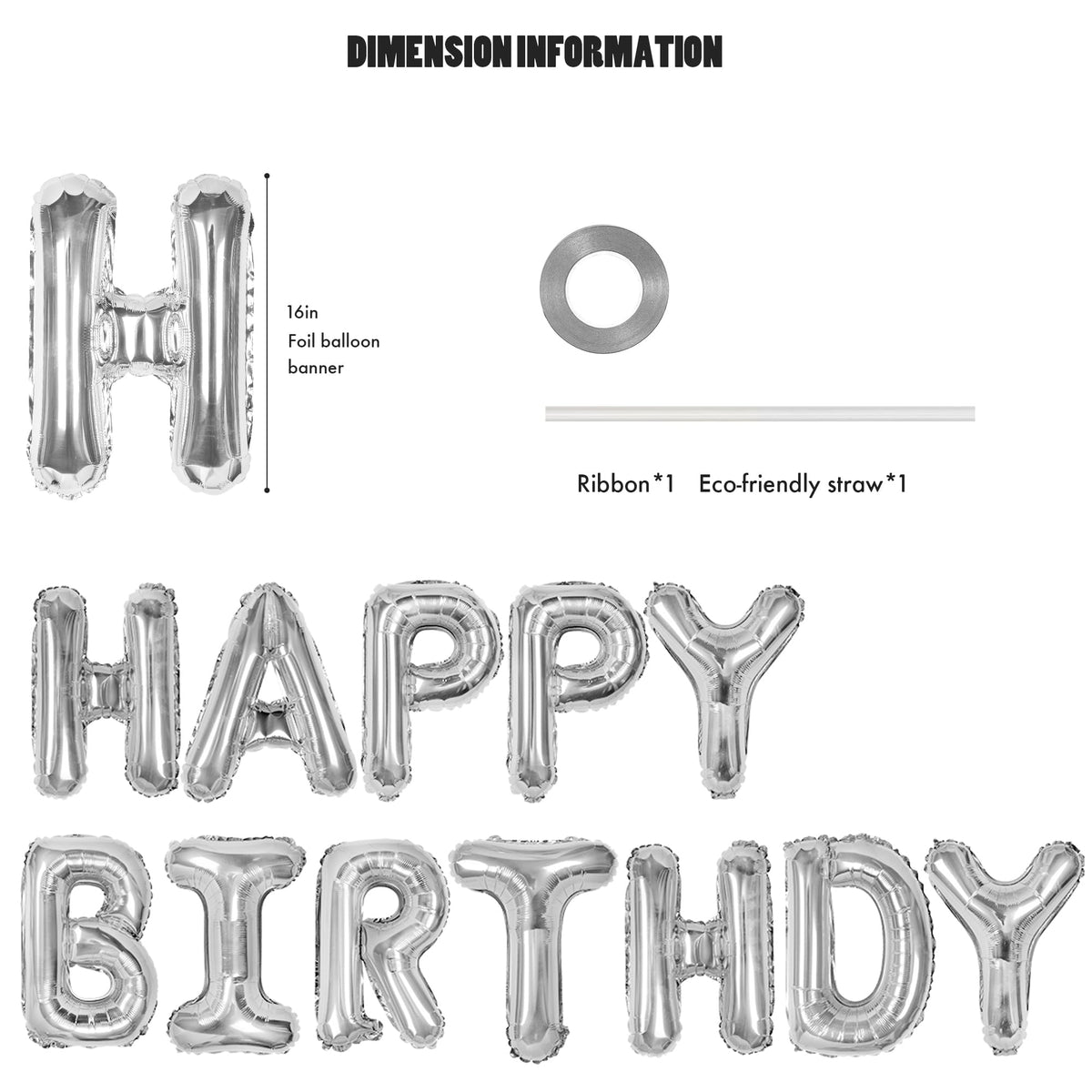 CANREVEL Happy Birthday Banner 13pc 16in Silver Foil Letters – Party Decor