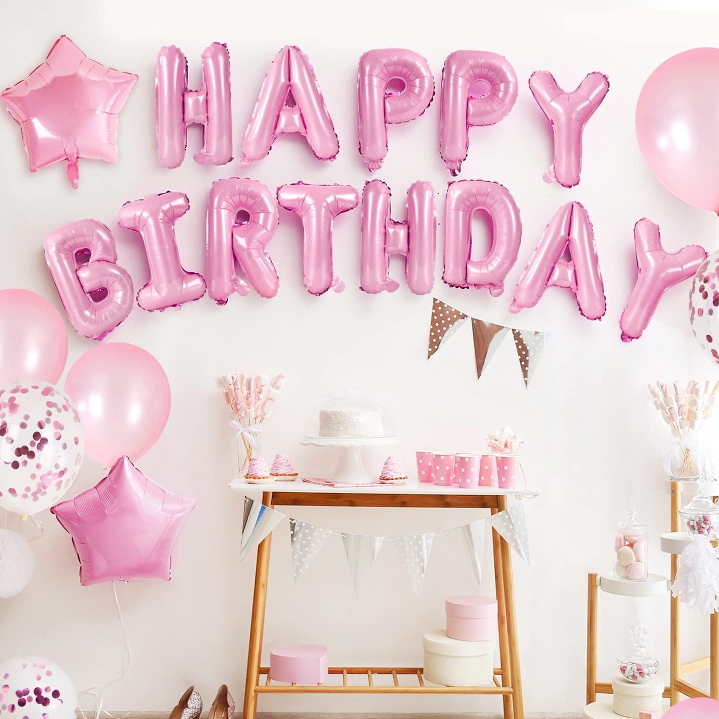 CANREVEL Happy Birthday Banner 16-Inch Pink Mylar Letters – 13-Piece Reusable Party Decor