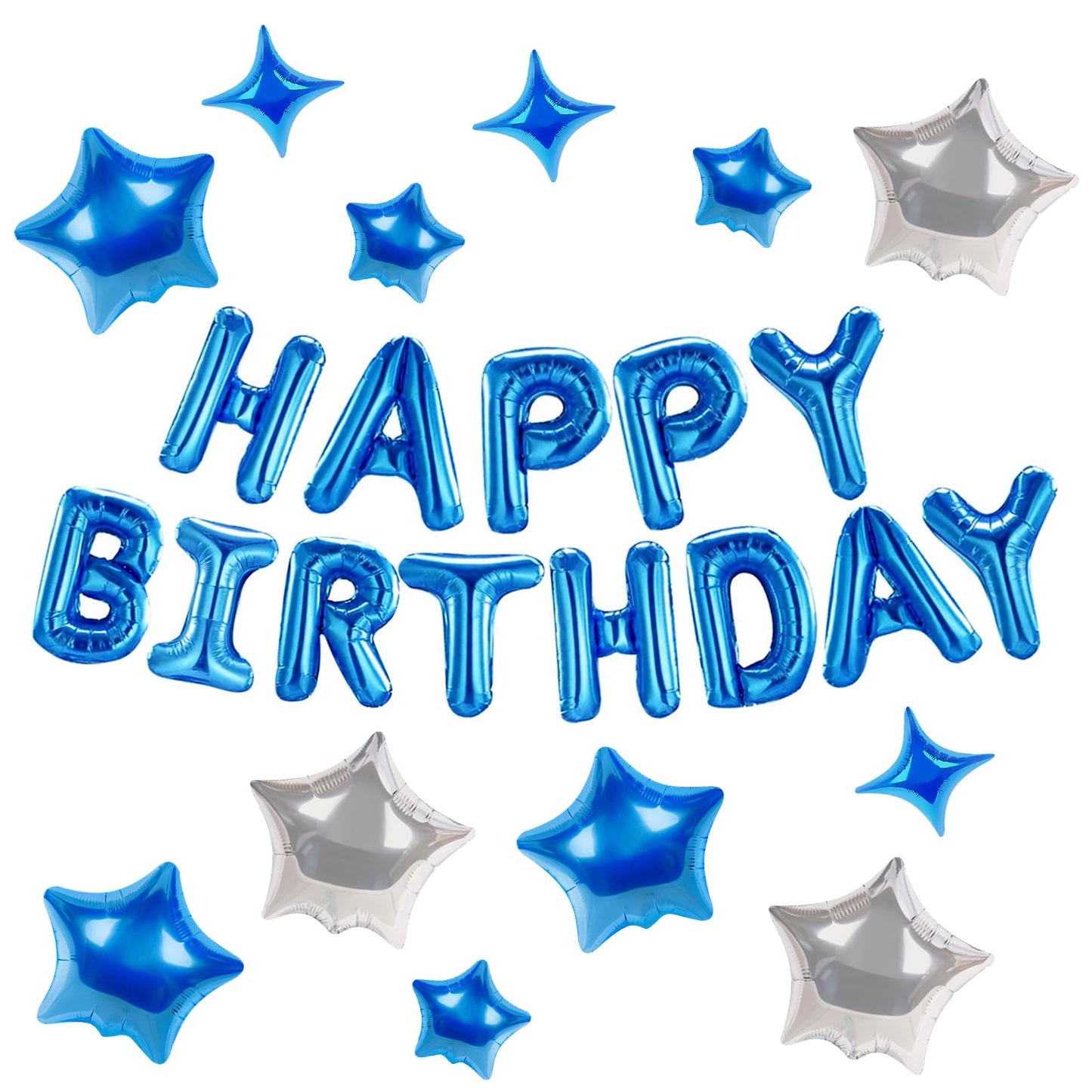 CANREVEL Happy Birthday Banner 13pcs 16in + 12 Star Balloons | 3D Blue Party Decorations for Kids & Adults