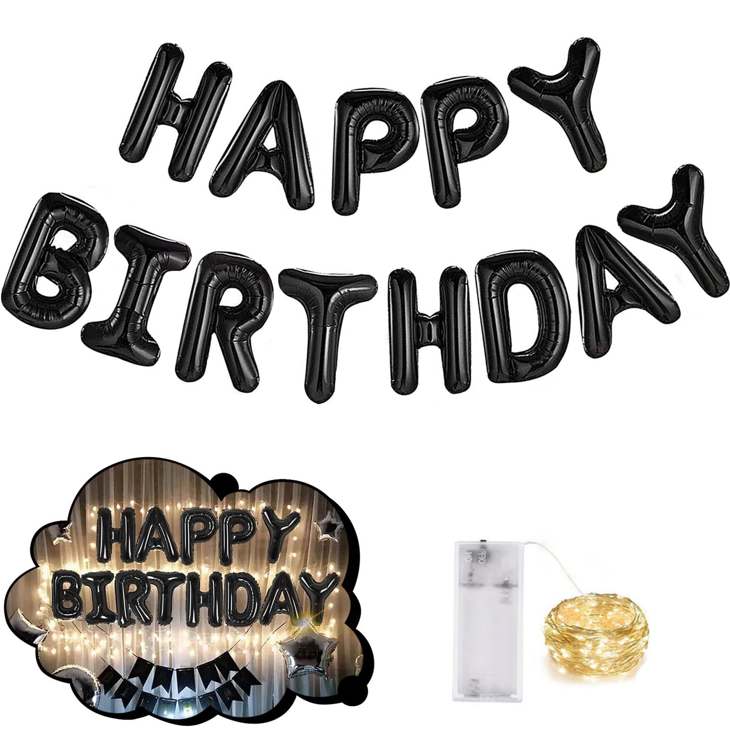 CANREVEL Happy Birthday Banner - 13pc 16-Inch Black Foil Letters with LED Lights