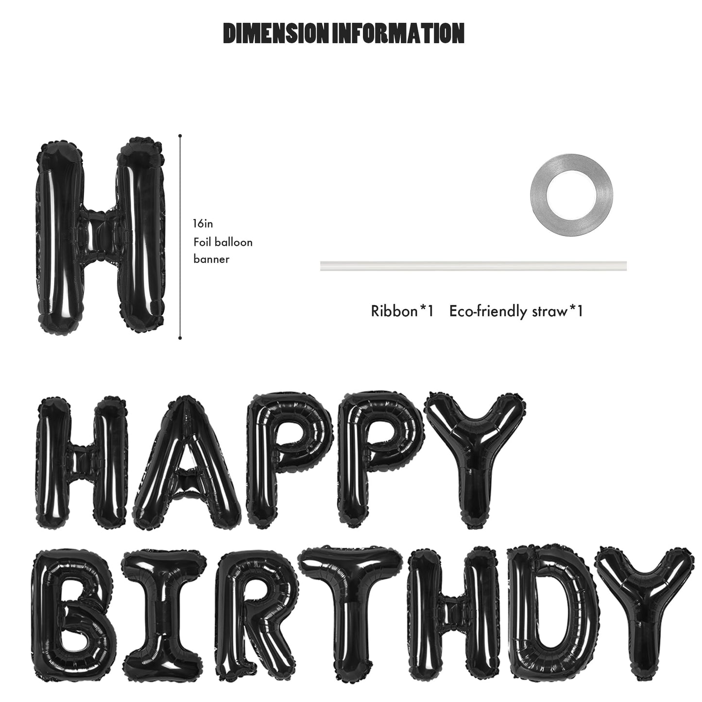 CANREVEL Happy Birthday Banner 16in Black Foil Letters - 13pc Party Decorations for Kids & Adults