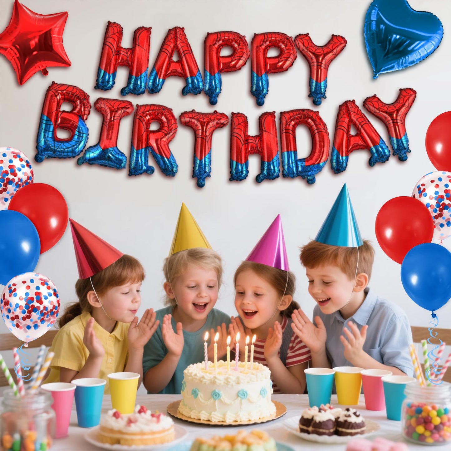 CANREVEL Happy Birthday Banner 13pc - 16-Inch Mylar Letters | Spider Theme Party Decor