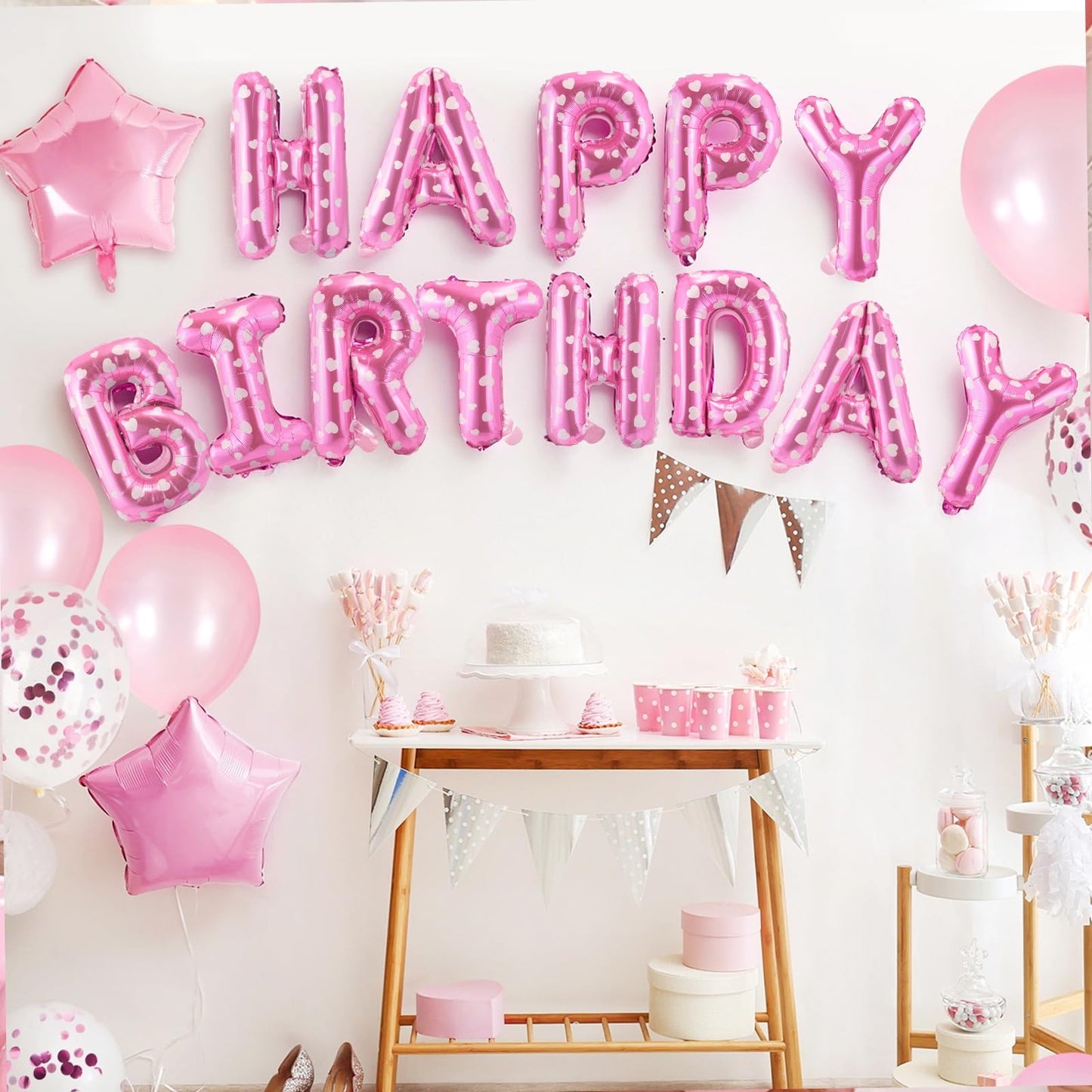 CANREVEL Happy Birthday Banner - 13pc 16-Inch Mylar Letter Balloons with 3D Pink Heart