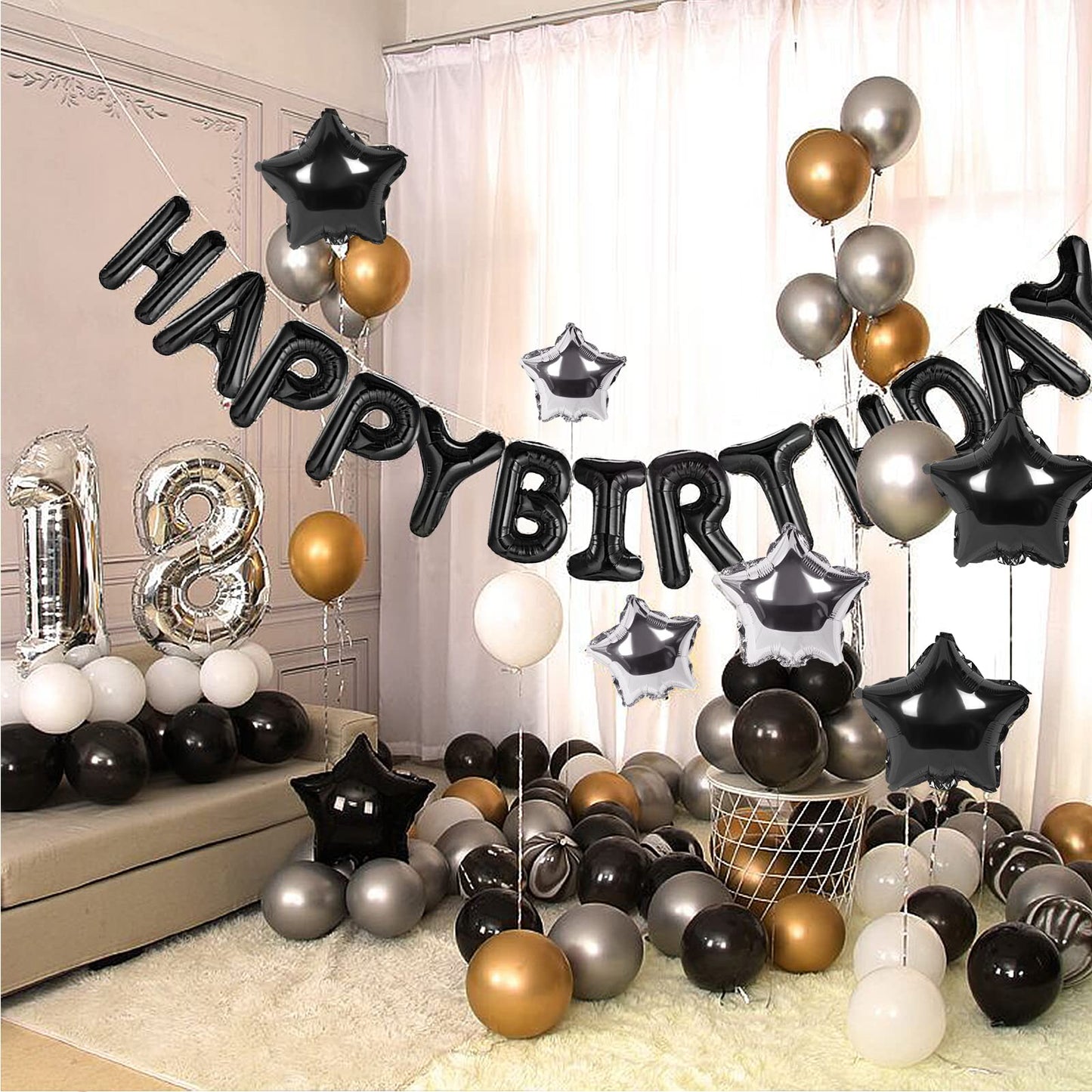 CANREVEL Happy Birthday Banner 16in Black Foil Letters - 13pc Party Decorations for Kids & Adults