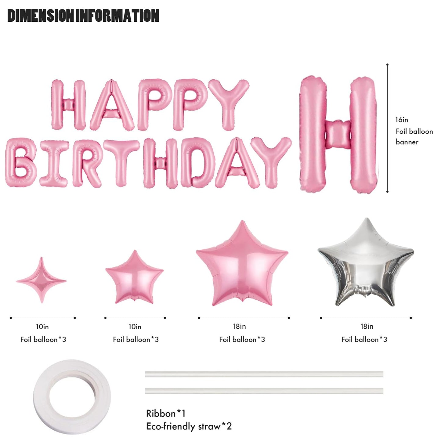 CANREVEL Happy Birthday Banner Set 13 Letters + 12 Pink Balloons – 16in Letters & 18in Star Decor