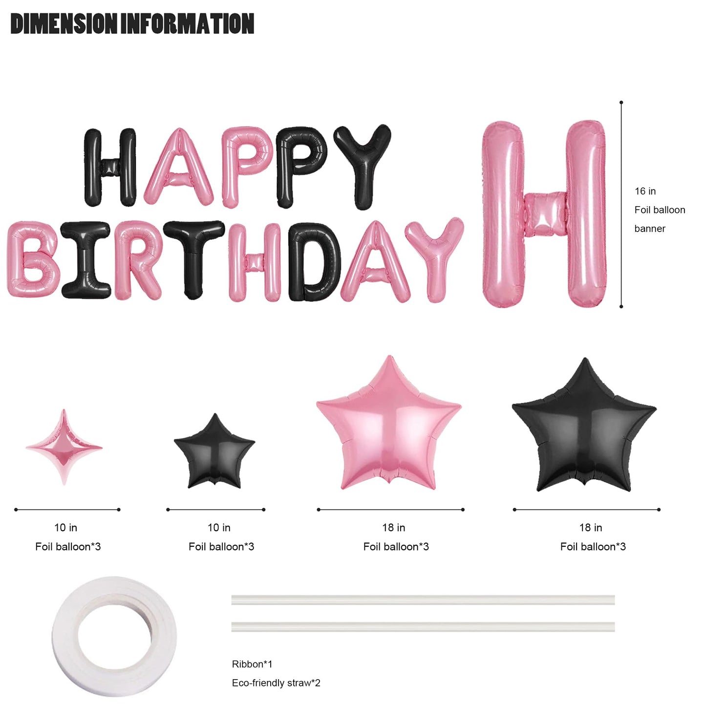 CANREVEL Happy Birthday Banner 16in - 13-Letter Set + 12 Star Balloons, Black & Pink 3D Party Decor