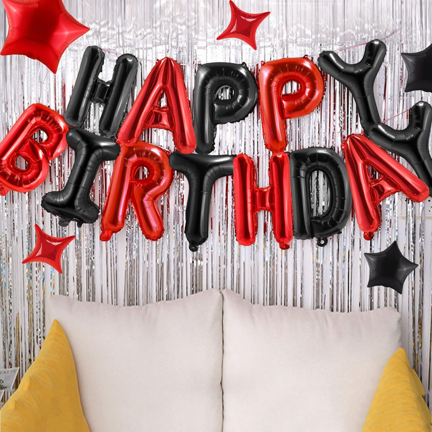 CANREVEL Happy Birthday Banner 13pc 16in + 12 Star Balloons – Black & Red