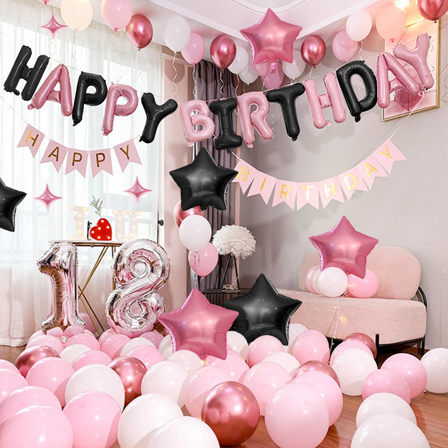 CANREVEL Happy Birthday Banner 16in - 13-Letter Set + 12 Star Balloons, Black & Pink 3D Party Decor