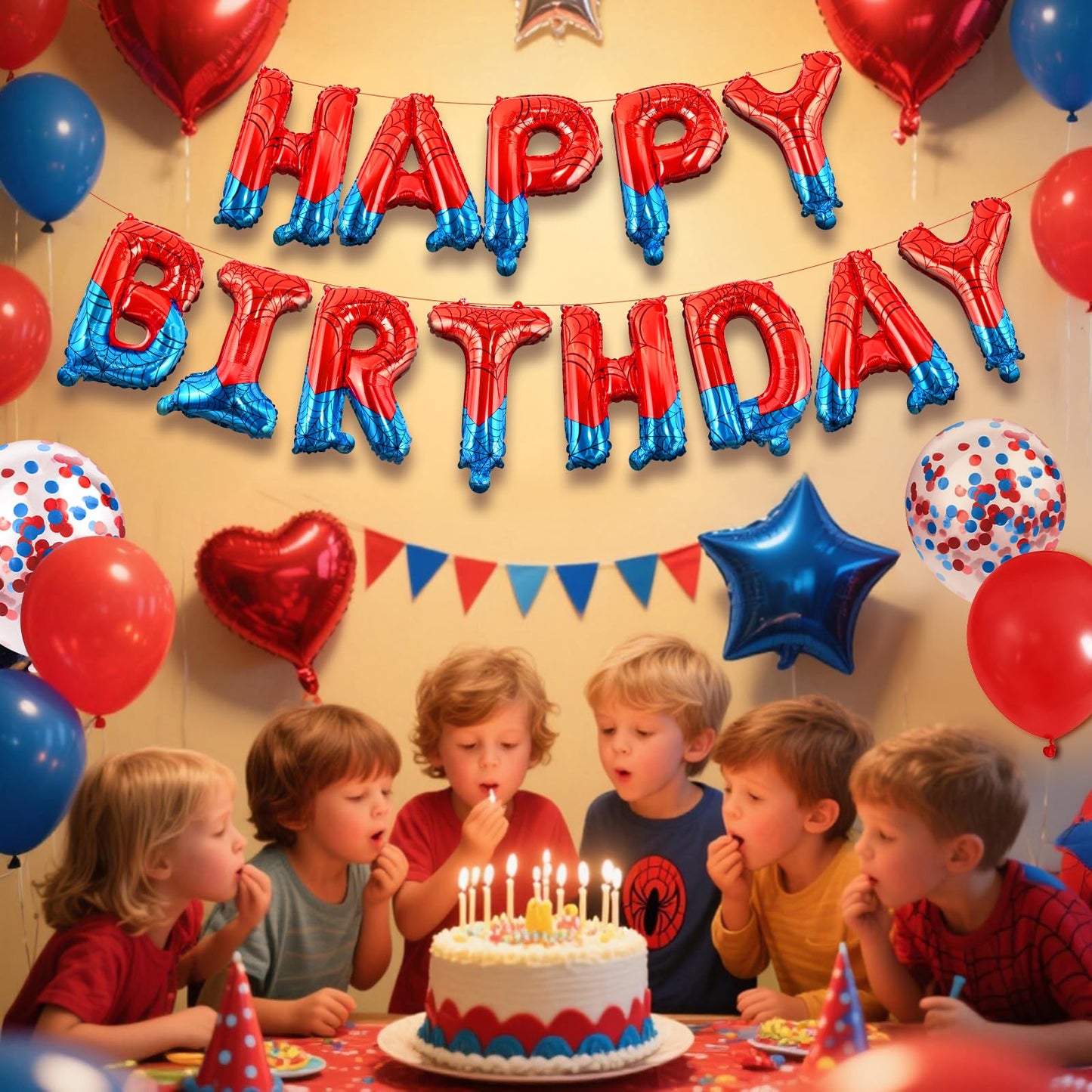 CANREVEL Happy Birthday Banner 13pc - 16-Inch Mylar Letters | Spider Theme Party Decor